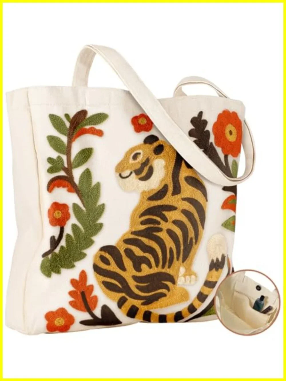 Linen Canvas Embroidery Tote Bag with Pocket, Reusable Shopping & Travel Bag